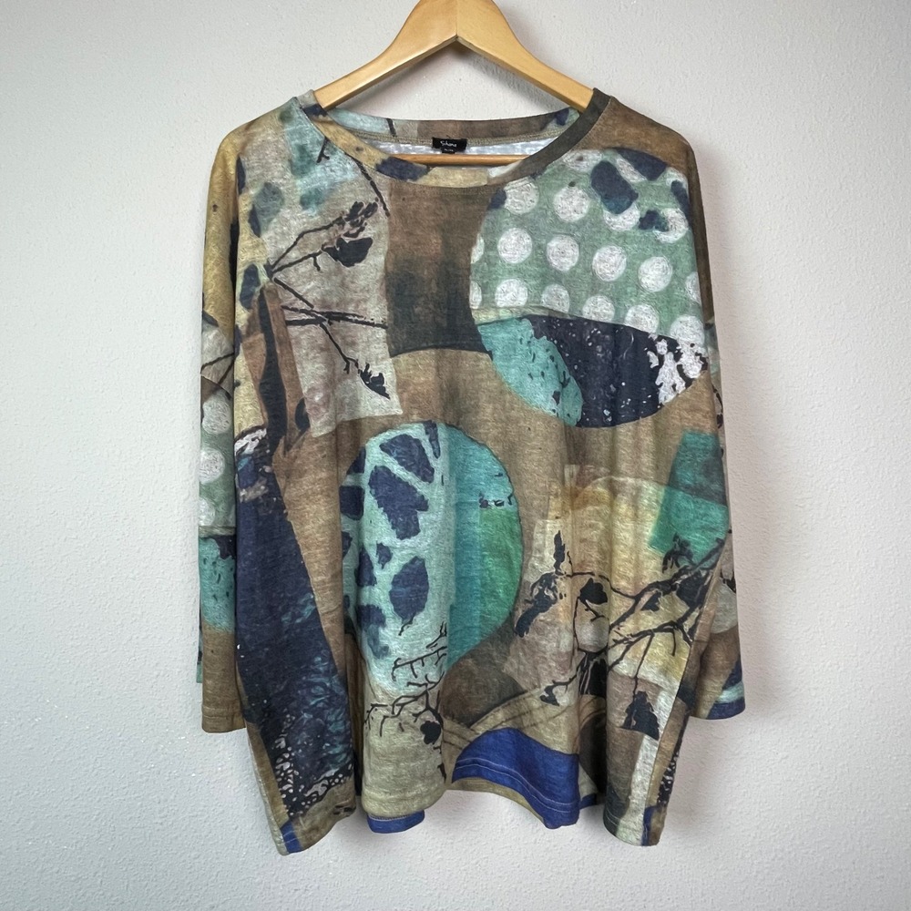 Shana‎ Abstract Print Long Sleeve Tunic Top XL TG Earth Tones